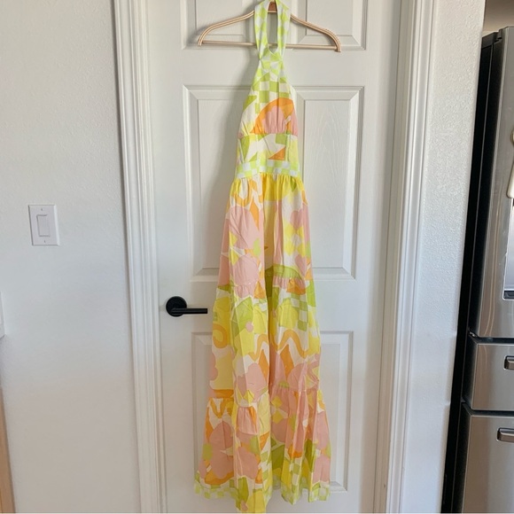 SABO True Dress Checker Floral Print Bright Yellow Linen Cotton Maxi Dress - Picture 5 of 16